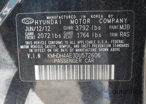2013 Hyundai Elantra Limited from USA, damaged, VIN KMHDH4AE3DU572606